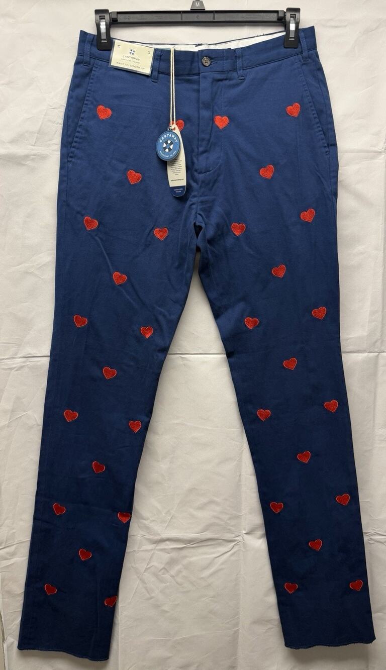 Castaway Nantucket Island Hearts Embroidered Pants Men 32xUF Harbor ValentineNew